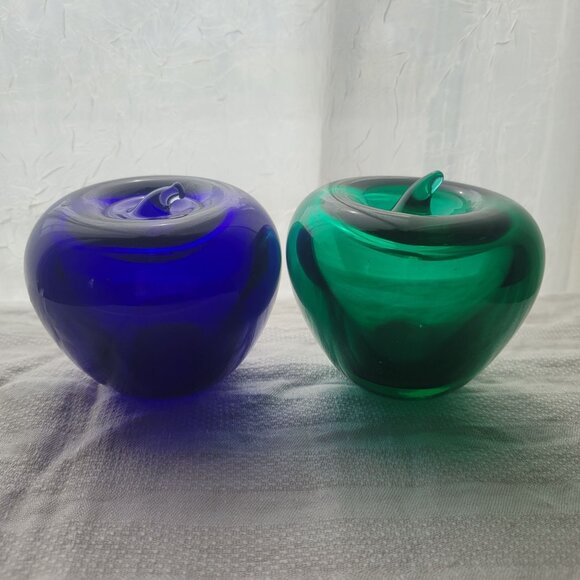 Green & Blue Glass Apple Paperweights Office Accent Handcrafted Glass 3.5" Tall - Picture 2 of 10